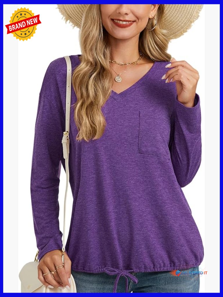 V Neck Long Sleeve Tunic Top Drawstring Hem Elastic Blouse Tee 2026 Trendy